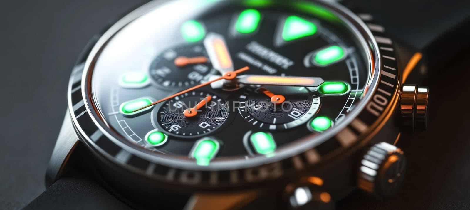 Stylish wristwatch with luminous green markers and orange hands indicating the time