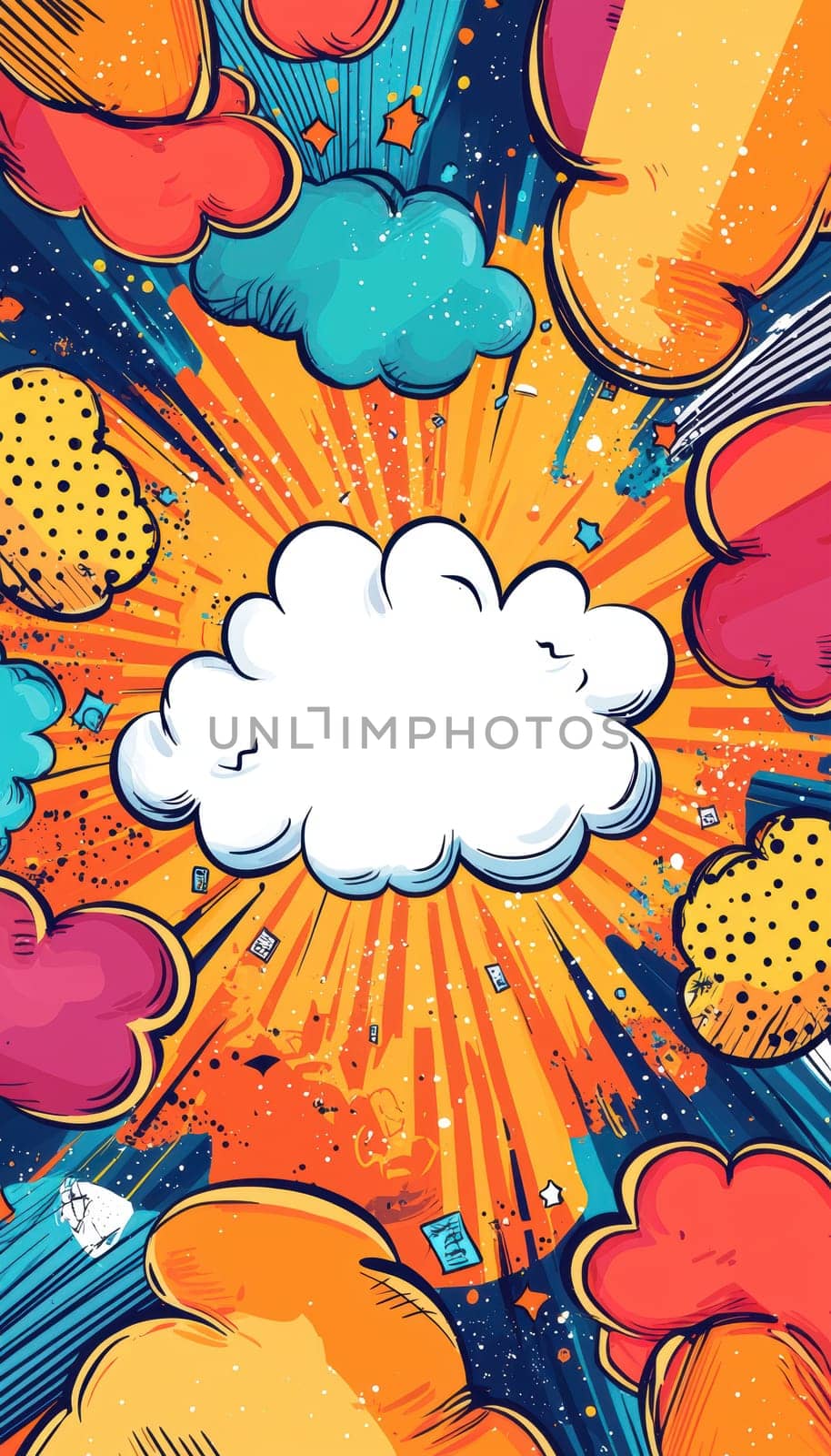 Vibrant comic-style greeting card template featuring bold colors, dynamic shapes, and speech bubbles framing an empty central space. ideal for creating personalized messages with a fun, energetic design suitable for any occasion.