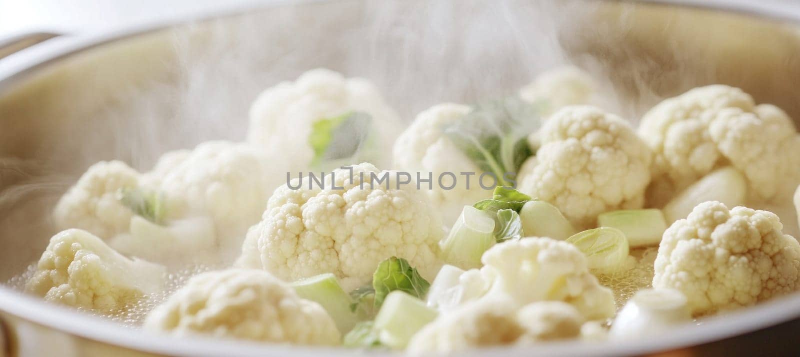 Fresh cauliflower florets boiling in water with spring onions and pak choi, creating a healthy and delicious meal