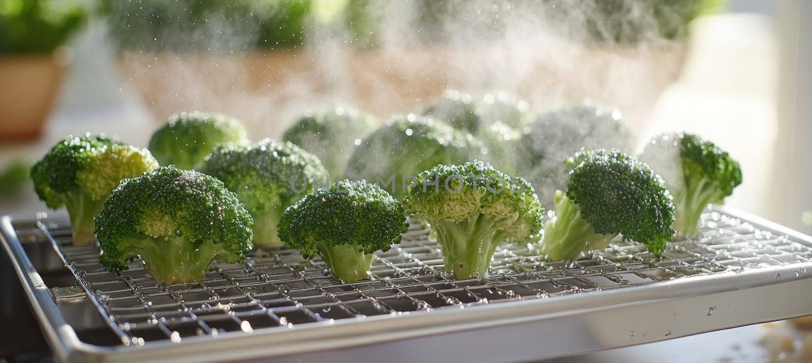 Steaming fresh broccoli florets on a metal cooling rack promotes healthy eating habits