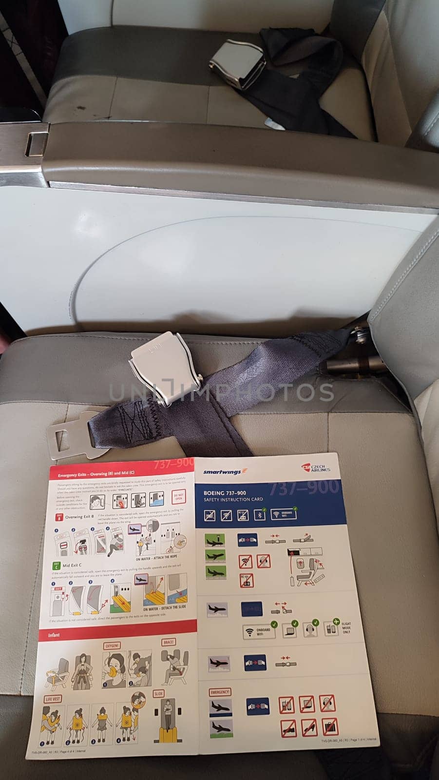 15 October 2024 Tel-Aviv Israel Ben Gurion airport. Airplane safety instructions. High quality photo