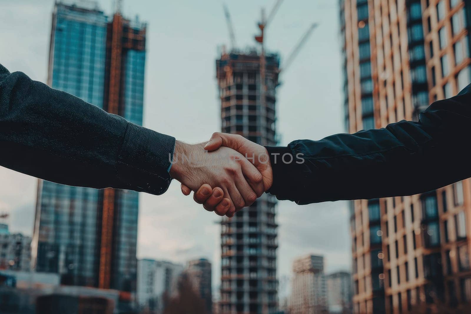 Two men shaking hands in front of a building. Scene is professional and formal