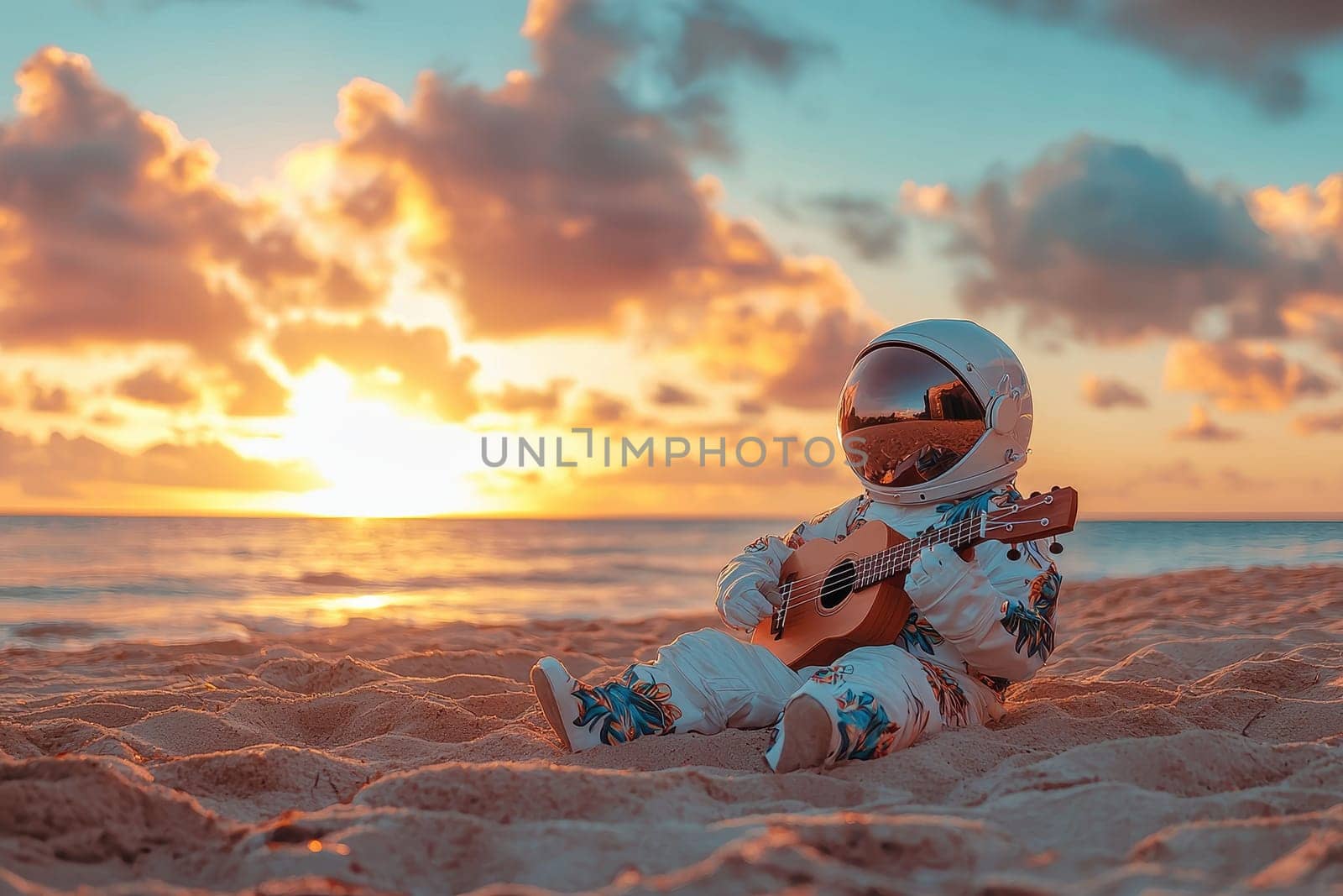 A small astronaut is sitting on the beach with a guitar. The scene is peaceful and serene, with the sun setting in the background. The astronaut's presence on the beach is unexpected