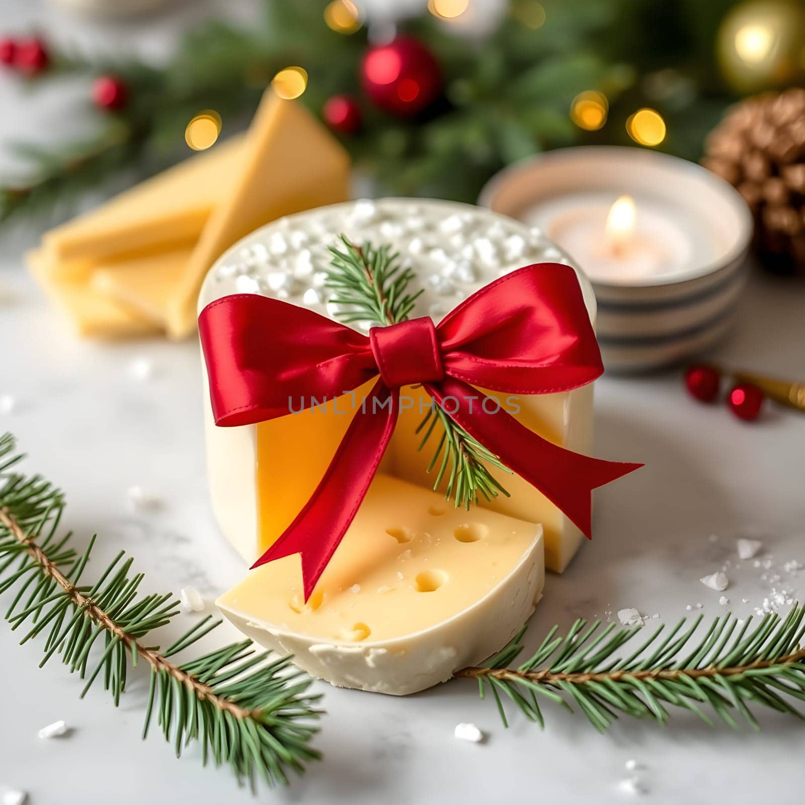 cheese on white plate with red ribbon bow, christmas food. High quality photo