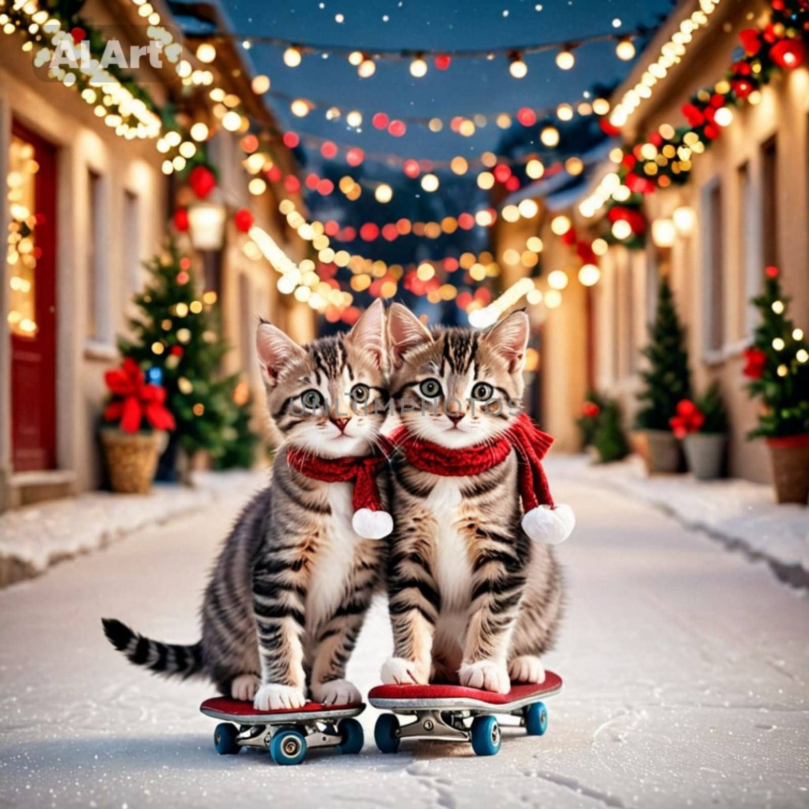 cats kittens on skateboard, christmas tree, new year holiday, snow light. High quality photo