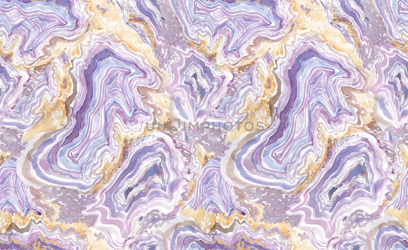 Modern pattern with textured layers of minerals painted with watercolors in lilac shades for textiles and surface design. Digital processing and vertical texture
