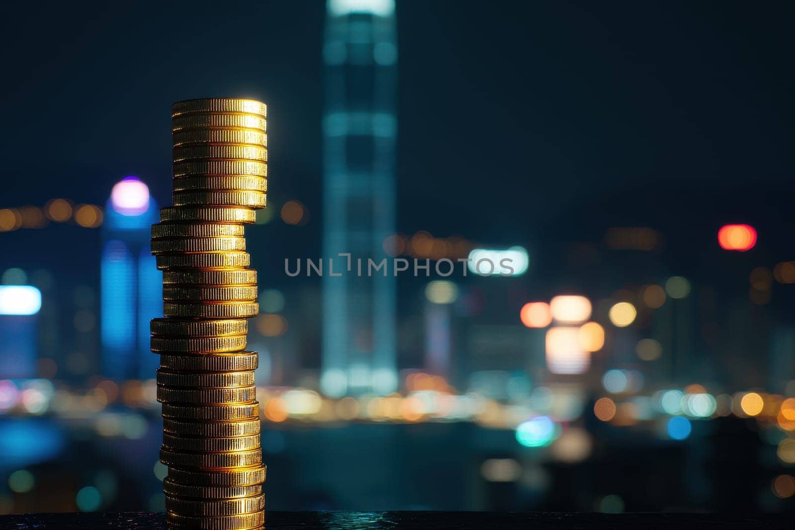 A stack of gold coins is on top of a building in a city. The coins are piled high, creating a sense of wealth and prosperity