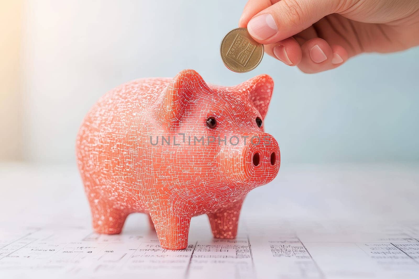 A hand is putting a coin into a red piggy bank. The piggy bank is full of coins and has a gold coin on top