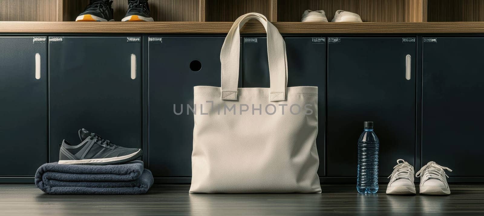 Sporty tote bag placed on a gym locker bench, surrounded by athletic shoes, a towel, and a water bottle. the sleek, modern locker design in the background complements the organized and stylish fitness theme, ideal for active lifestyles.
