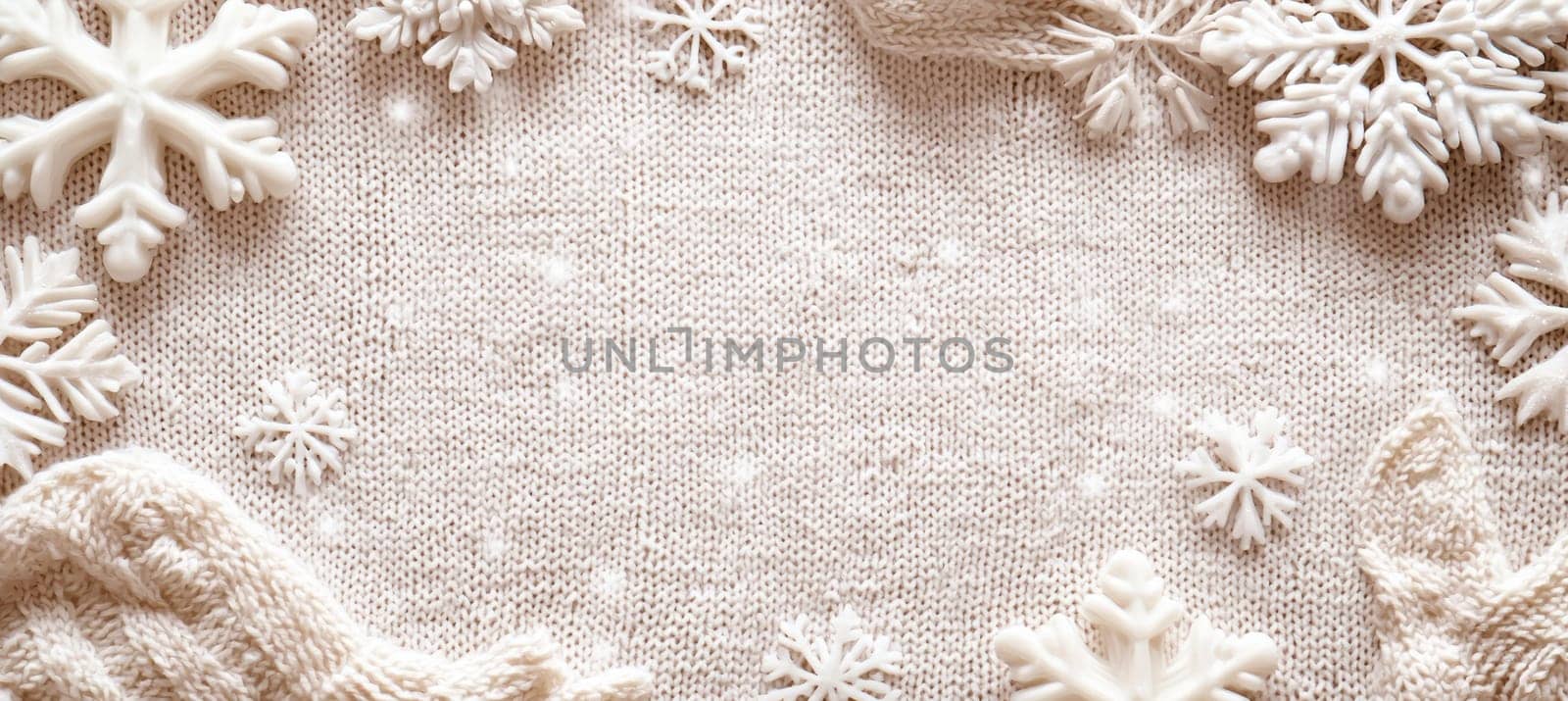 Greeting card template featuring a knitted sweater texture in red, adorned with white snowflakes and pinecones. the central blank area provides space for personalized seasonal messages, perfect for creating warm, homemade holiday greetings.