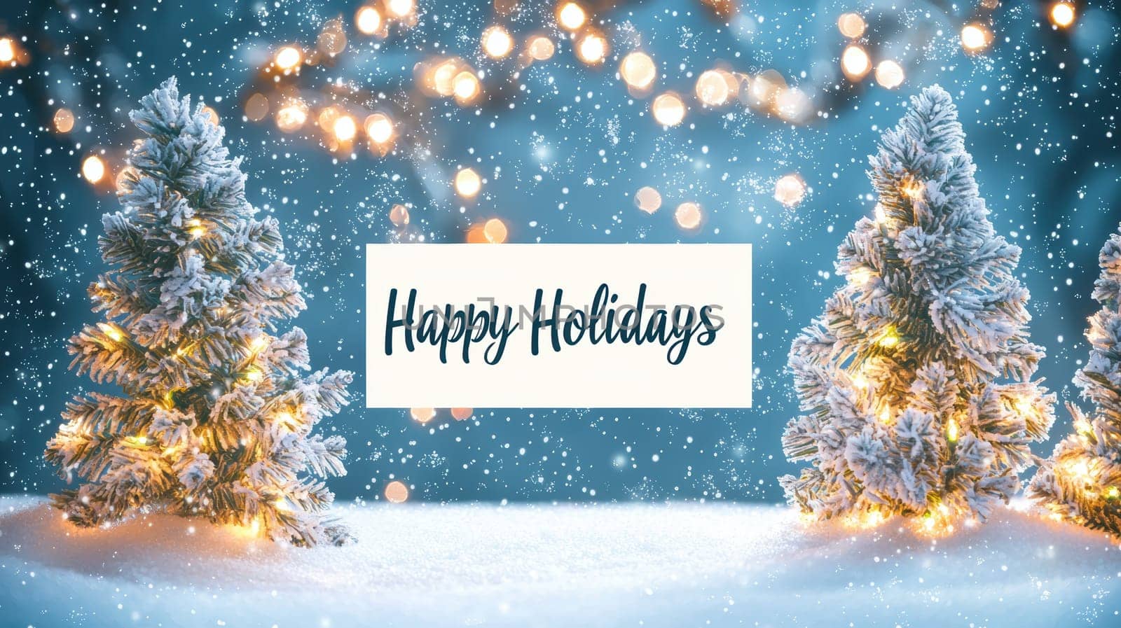A cozy and traditional holiday card template featuring snow-covered pine trees adorned with twinkling lights. the central blank space is perfect for a personalized holiday message, making it ideal for christmas greetings or festive designs.
