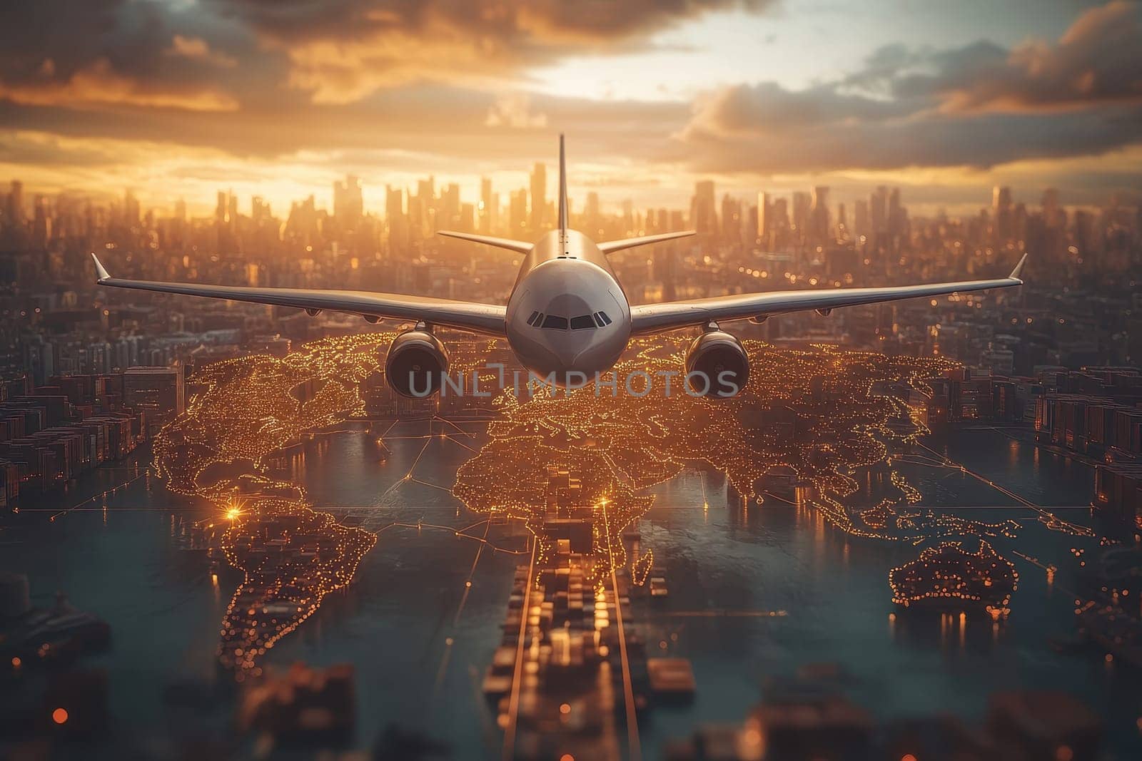 A white airplane flying over a city at night. The city is lit up with lights, creating a beautiful and serene atmosphere