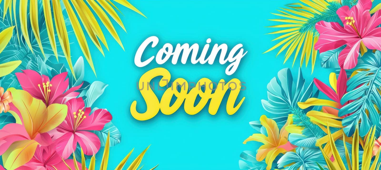 Vibrant 'coming soon' banner designed for summer events, featuring bold tropical colors like turquoise, coral, and yellow. flourishing palm leaves and beach-inspired elements add a lively, summery vibe, perfect for promotional materials.