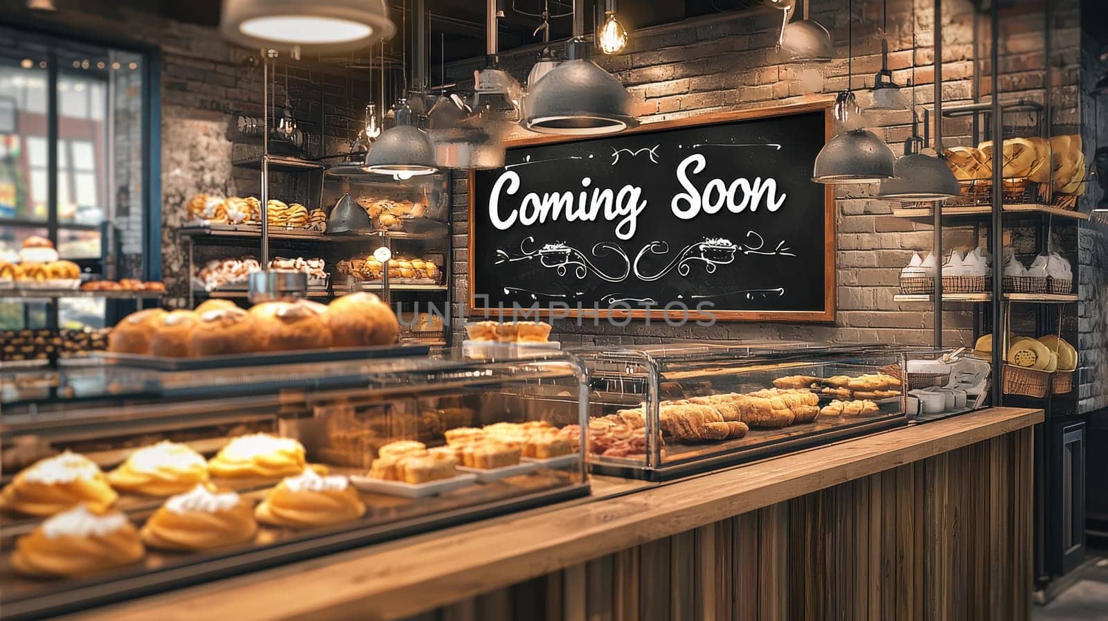 Modern bakery interior featuring a stylish counter displaying an array of fresh pastries. a prominent chalkboard with elegant handwritten typography reads "coming soon," creating an inviting and trendy atmosphere. ideal for design inspiration.