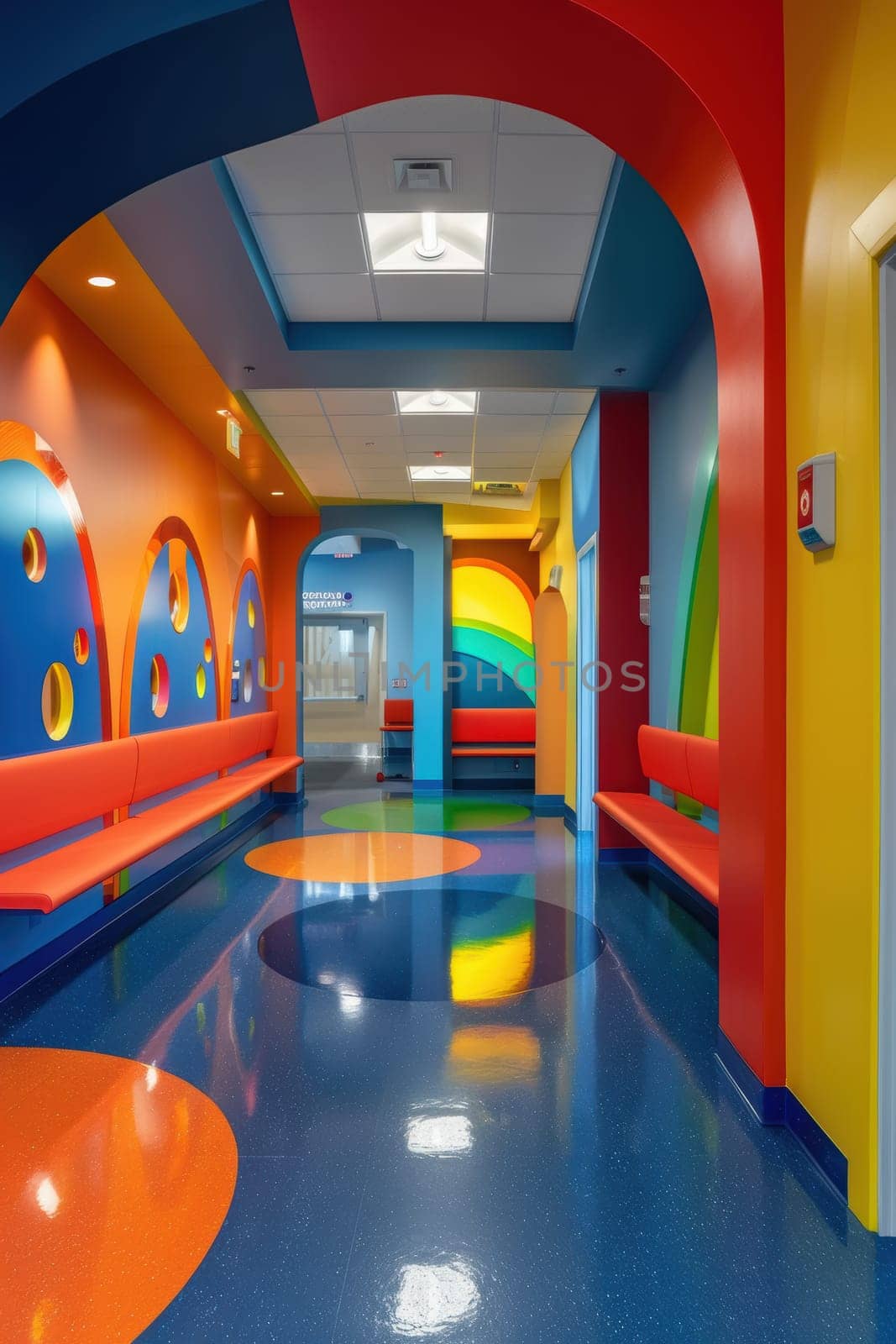 Pediatric cardiology clinic featuring vibrant, colorful decor and friendly staff. designed to create a comforting and welcoming environment for young patients, the space includes bright colors and playful elements throughout.