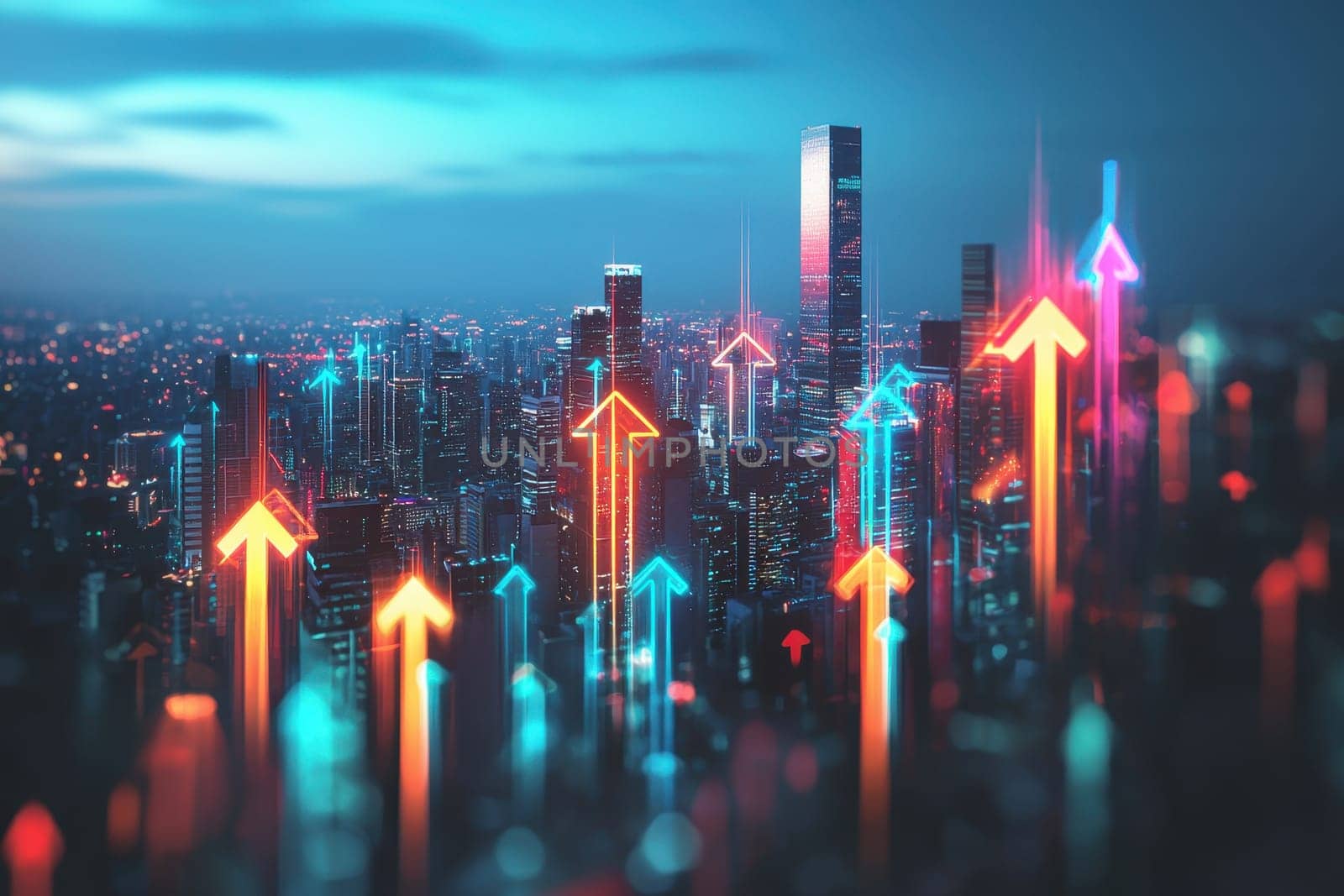 A city skyline with many buildings and a lot of arrows pointing upwards. The arrows are in different colors and sizes, creating a sense of movement and growth. The image conveys a feeling of progress