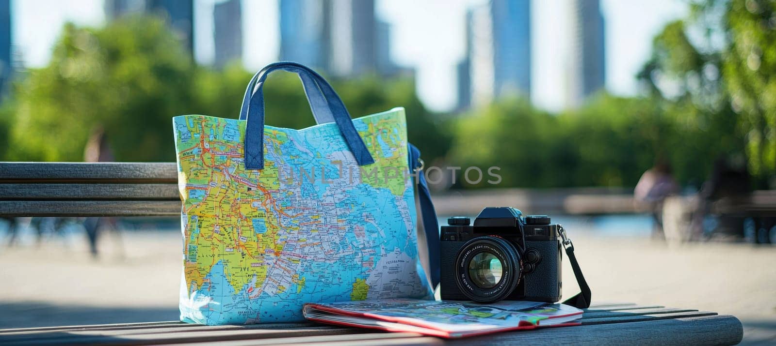 Tote bag showcasing a city map print, resting on a park bench beside a vintage camera and travel guide. the background features a contemporary cityscape, embodying the spirit of urban discovery and adventure.