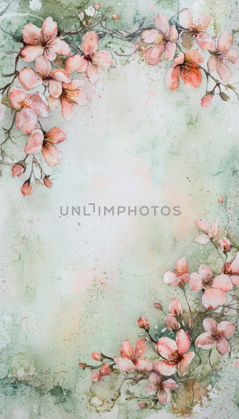 Delicate hand-painted cherry blossoms adorn a soft pink and green watercolor background, providing an elegant and versatile design. the empty center offers ample space for personalized text, making it ideal for spring-themed cards or posters.