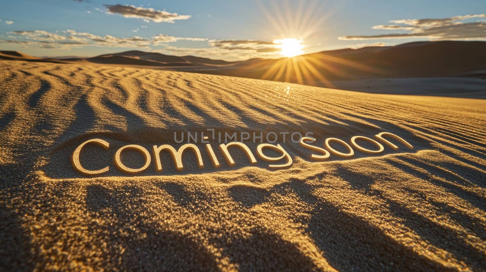 Golden sunrise casts long shadows over undulating sand dunes with "coming soon" etched into the surface, creating a surreal and inspiring scene perfect for motivational or promotional materials.