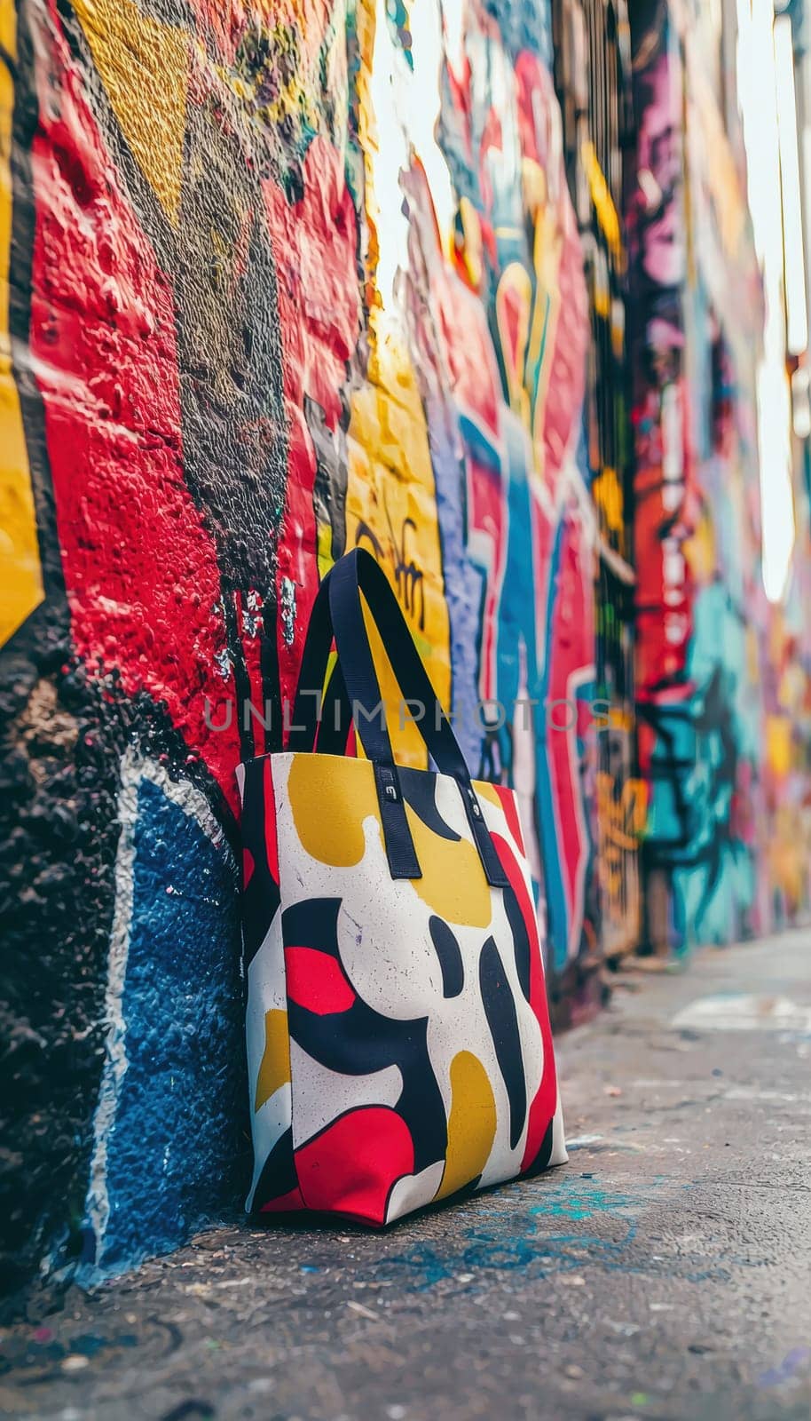 Bold pop art tote bag positioned in an urban street setting, surrounded by colorful graffiti. showcases contemporary street style, combining art and fashion elements in a lively backdrop, perfect for streetwear and urban design concepts.