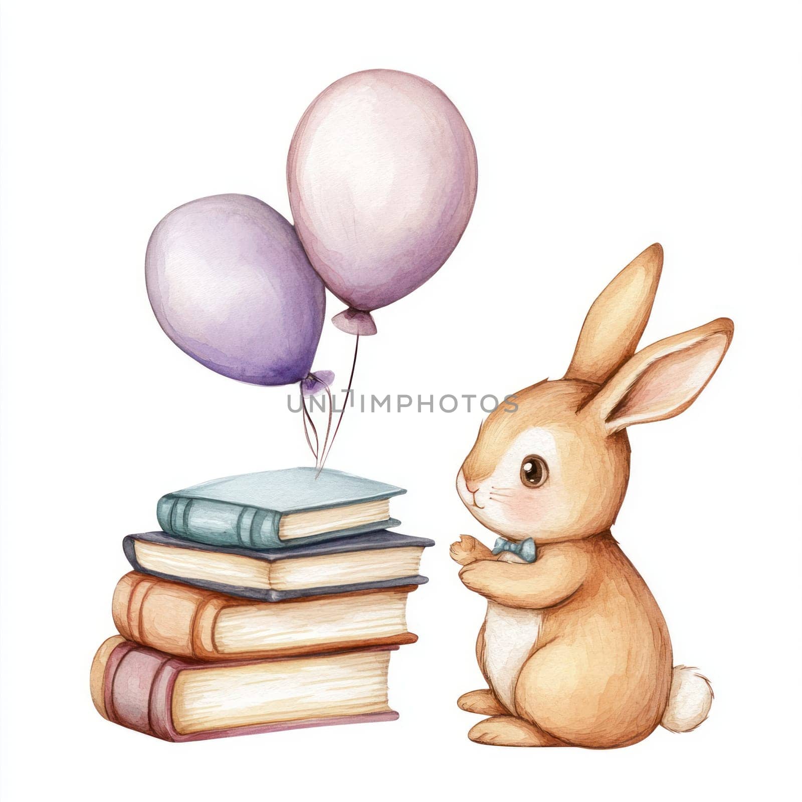 A Curious rabbit with graduation cap near books and balloons, festive and adorable