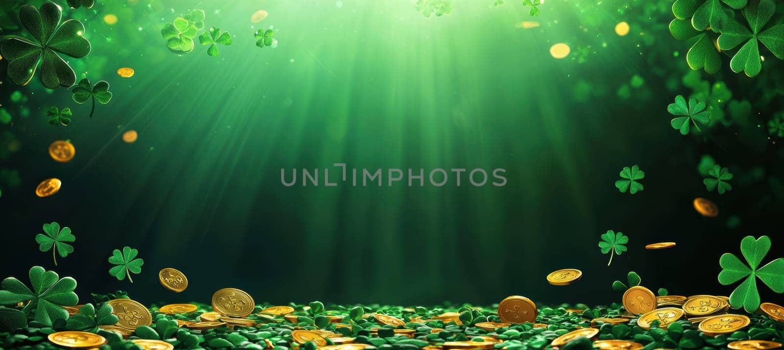 Template for a st. patrick's day greeting card featuring a vibrant green background. shamrocks and gold coins frame a blank center, perfect for adding festive messages. ideal for celebrating irish heritage and folklore.