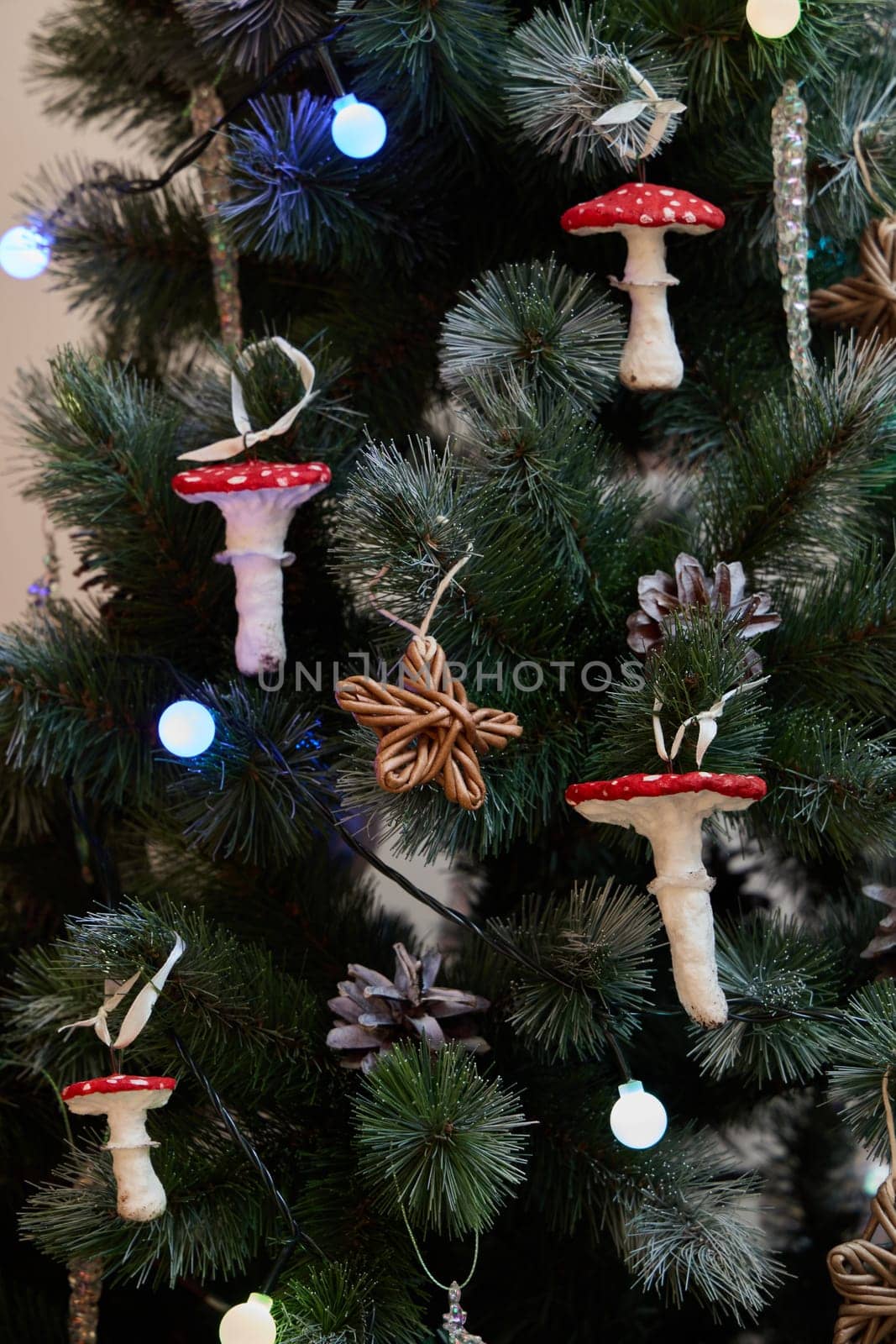 Charming and delightful mushroom ornaments beautifully adorn a wonderfully decorated Christmas tree this year
