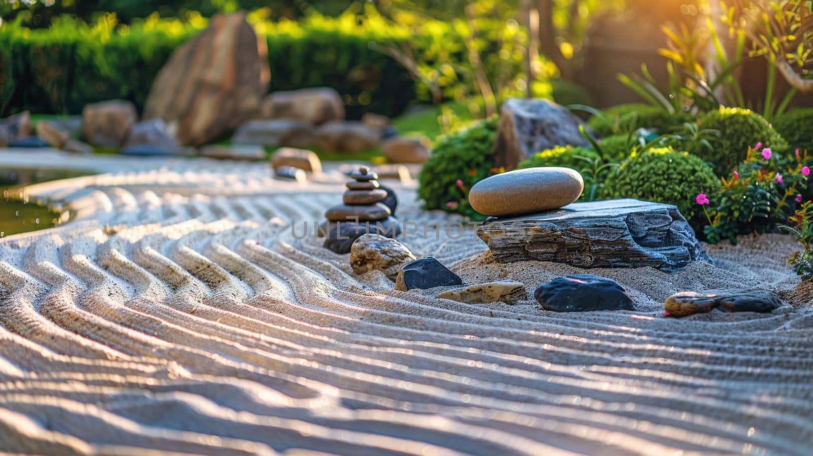 A tranquil zen garden features meticulously raked sand, smooth stones, and a serene pond. this meditative setting symbolizes inner peace and mindfulness, offering a calm retreat for relaxation and contemplation.