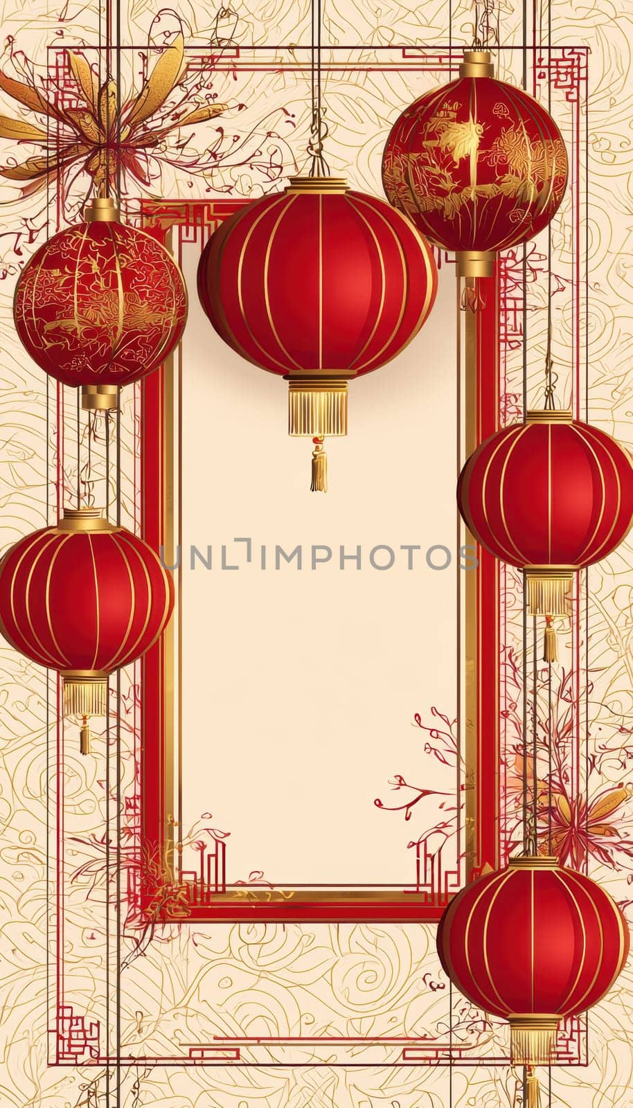 Red and gold lunar new year greeting card template featuring traditional chinese lanterns. the ornate design includes an elegant blank center framed by intricate patterns, ideal for festive messages, invitations, or celebratory decor.