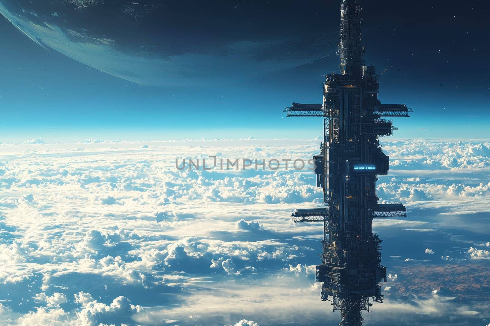 A large space station is floating in the sky above a cloudy planet. The space station is surrounded by a blue sky and a large planet in the background. Scene is one of wonder and exploration