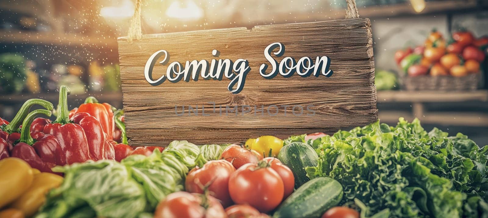 A rustic banner featuring the words "coming soon" in handwritten typography, set against a backdrop of wooden textures. the image highlights an array of fresh produce with a warm, soft sunlight glow, ideal for promoting farm-to-table concepts.