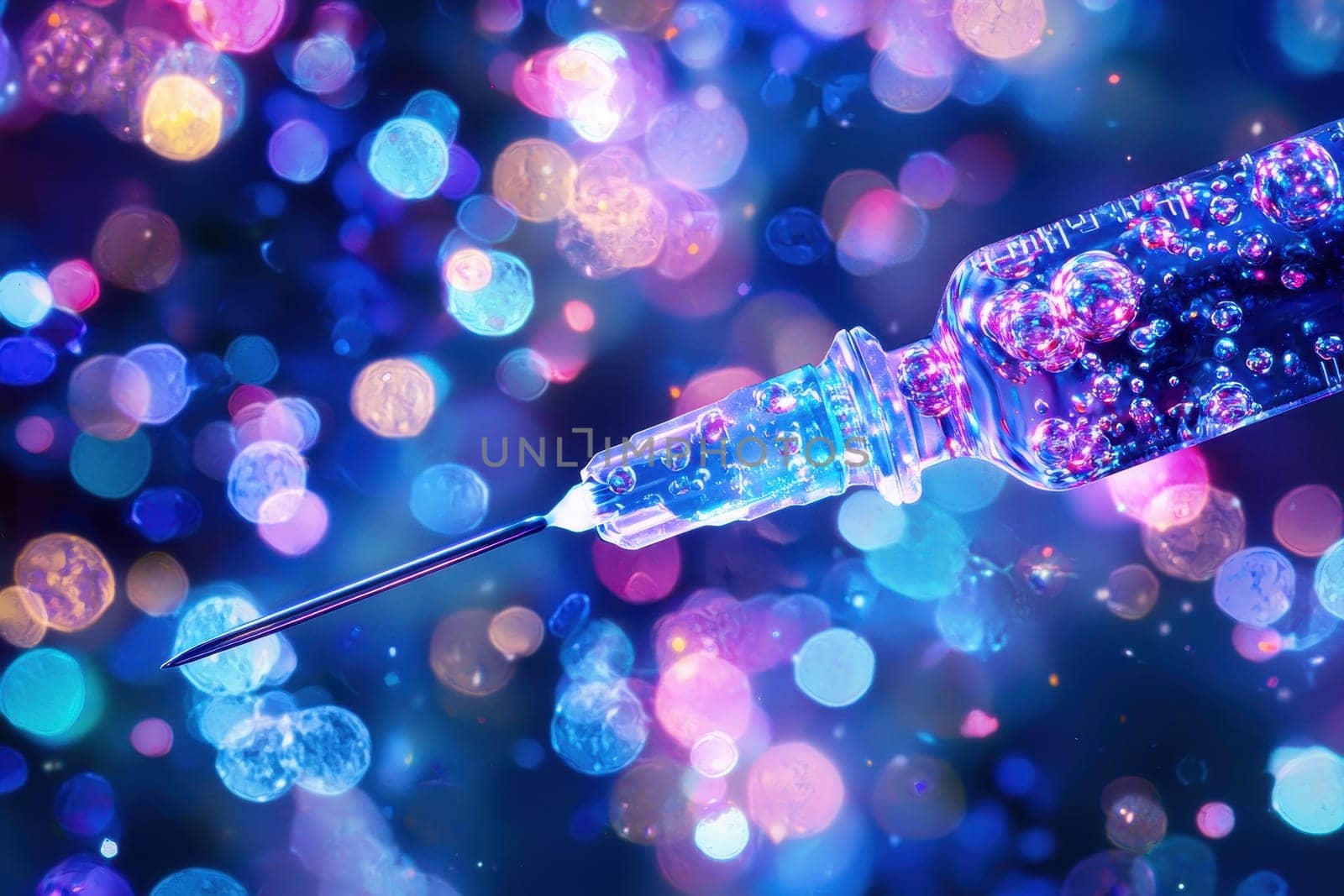 A syringe with a blue and purple liquid inside. The syringe is surrounded by a colorful background with many small dots. Concept of excitement and anticipation