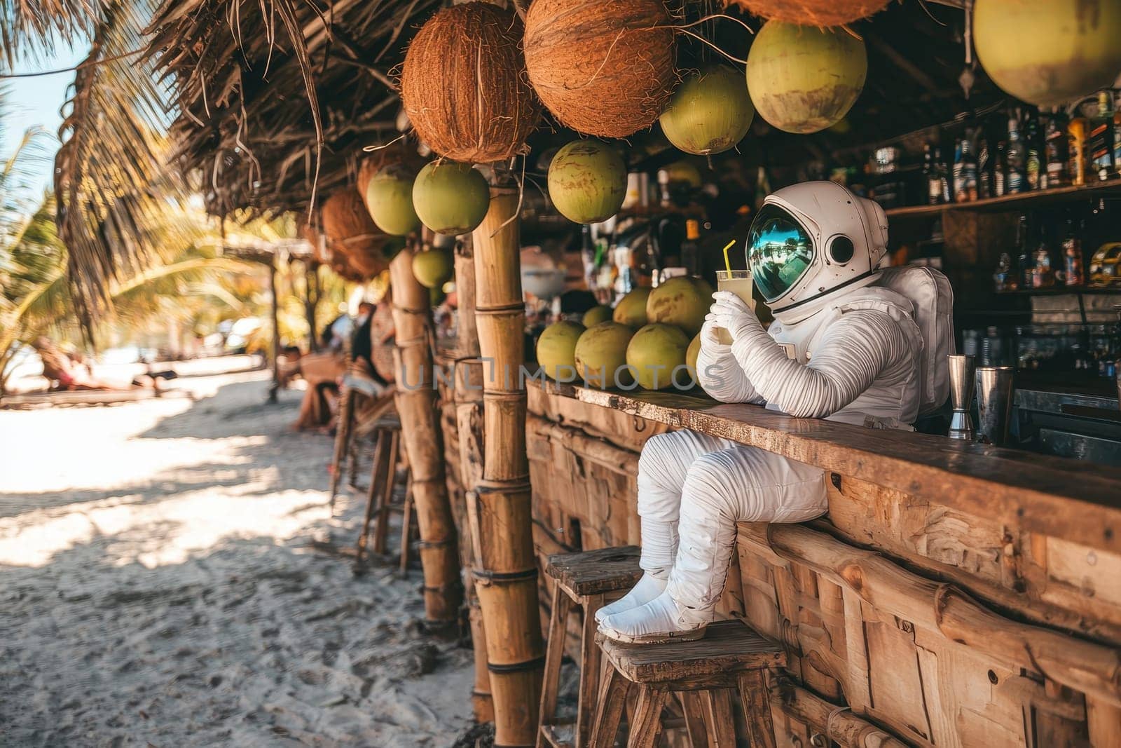A man in a white spacesuit sits at a bar with coconuts hanging above him. The scene is set on a beach, with palm trees in the background. The man is enjoying a drink and the tropical atmosphere