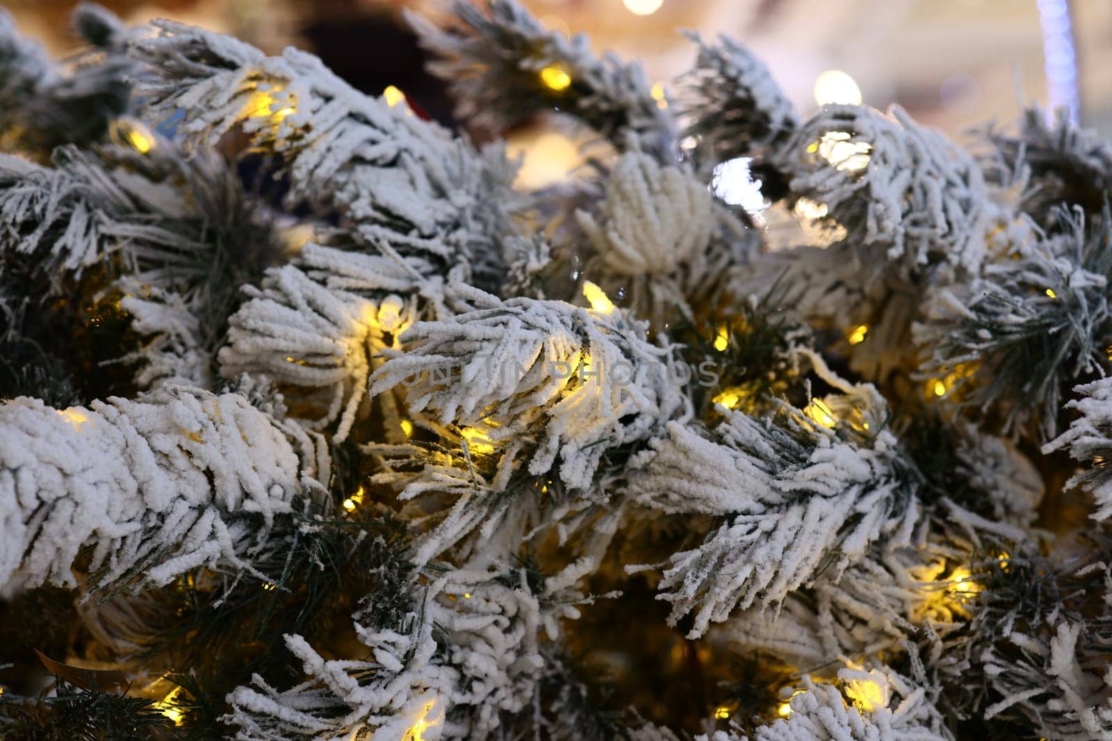 A detailed closeup view of snowy pine branches beautifully adorned with warm, glowing lights for the holiday season