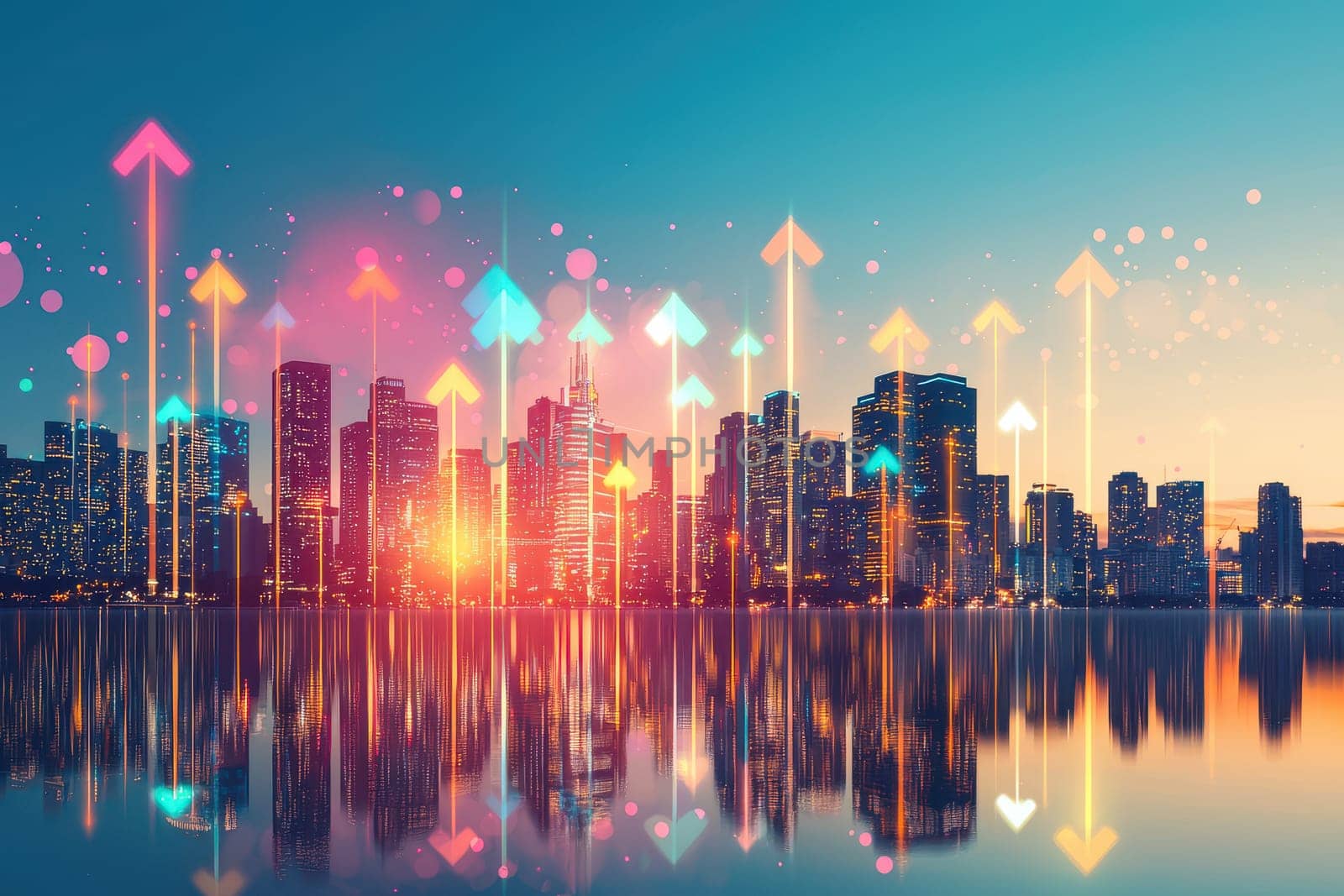 A city skyline with many buildings and a large body of water. The water is reflecting the city skyline and the sky. The city skyline is lit up with many lights, giving the impression of a bustling