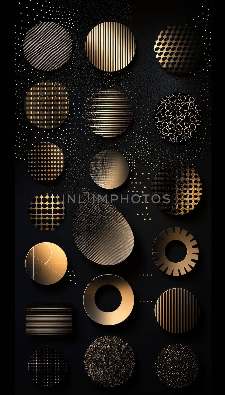 Minimalist stickers featuring diverse geometric patterns are arranged on a sleek black surface. the composition is enhanced by dramatic, soft lighting, emphasizing the intricate designs and modern aesthetic suitable for decor or creative projects.