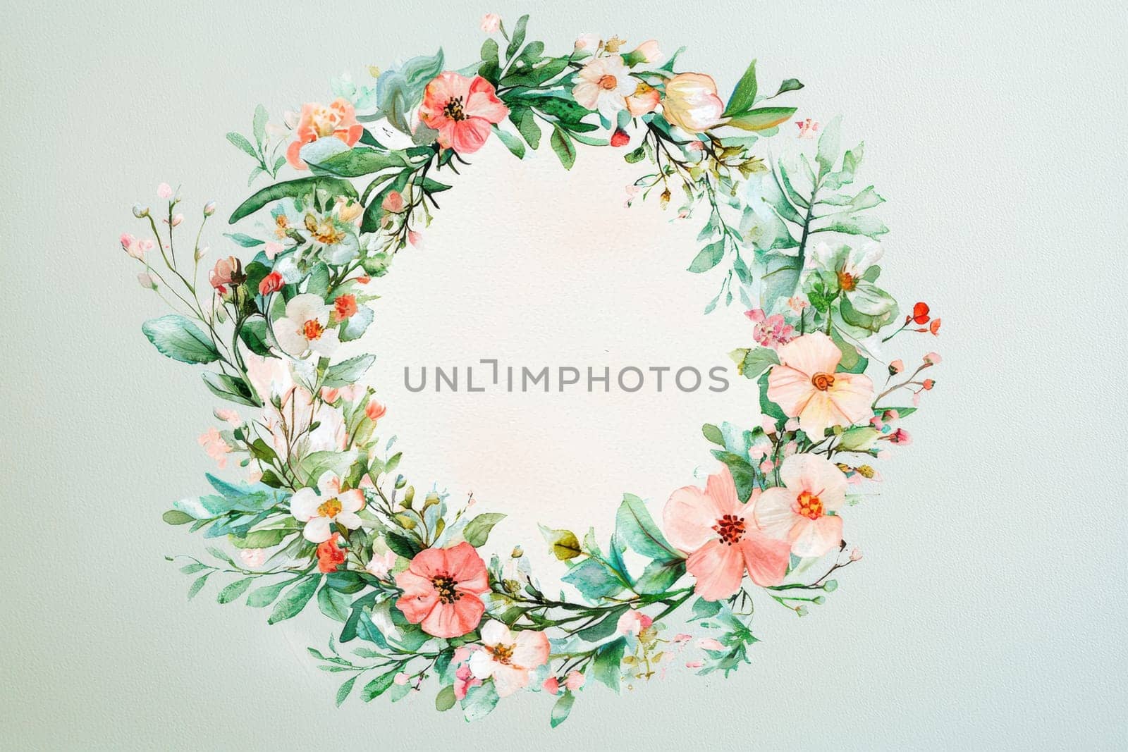 Hand-painted floral wreath featuring pink and green flowers on a light pastel background, perfect for a mother's day card. the design provides space for a personalized message, embodying a natural and delicate style ideal for print or poster use.
