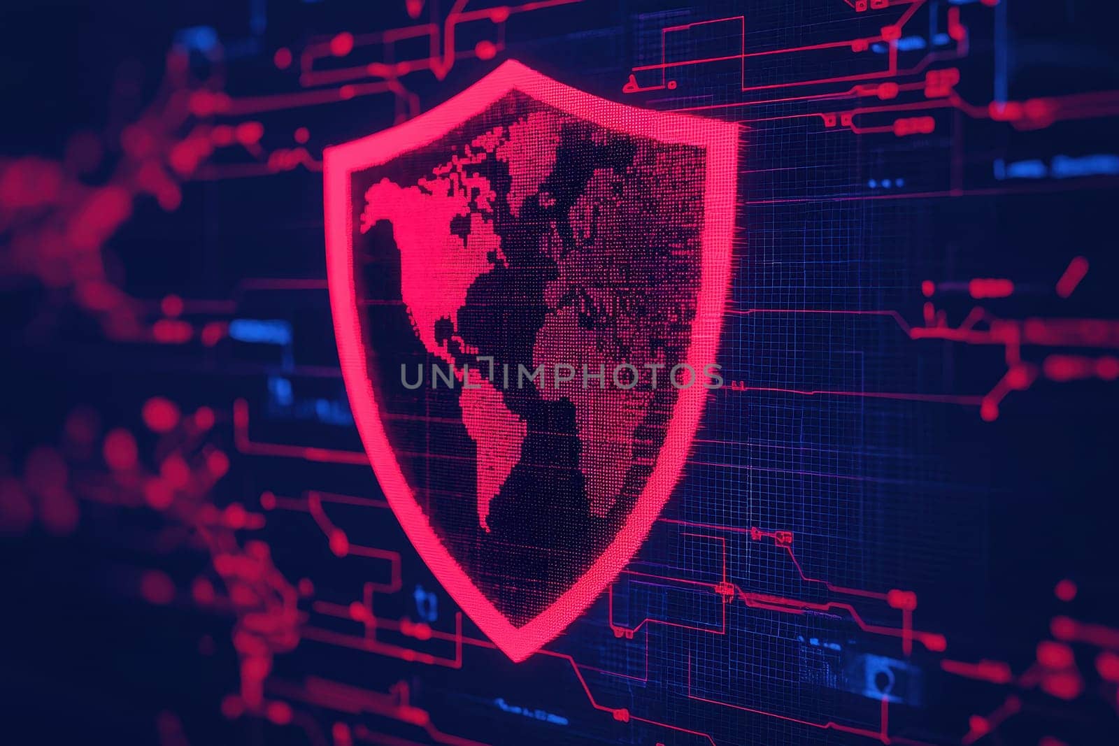 A red and blue shield with a globe on it. The shield is surrounded by a blue background