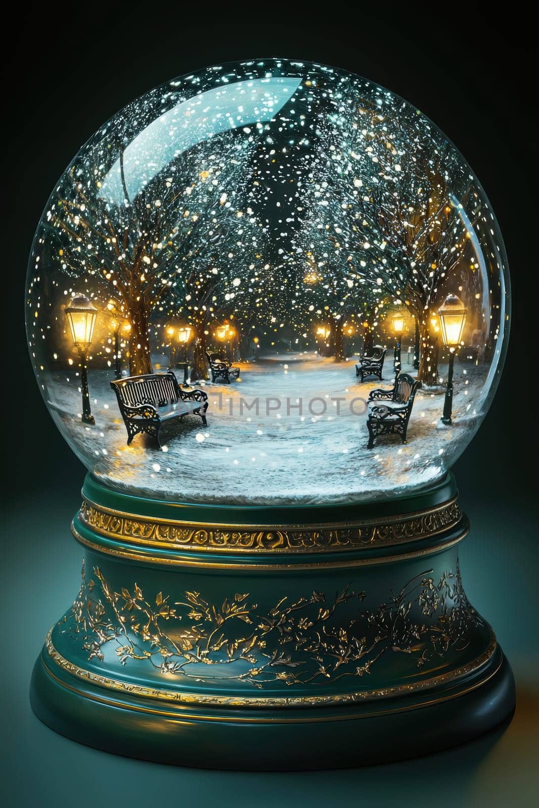 Snow globe showcasing a tranquil winter park with benches and a frozen pond, surrounded by glowing lanterns. the dark green base features intricate gold patterns, adding an elegant touch to the delicate, wintry atmosphere.