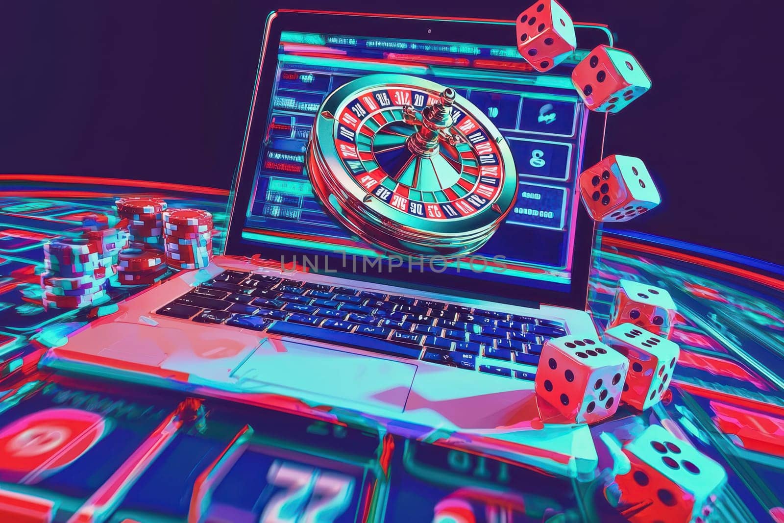 A laptop is on a table with a roulette wheel and dice. The laptop is displaying a game of roulette