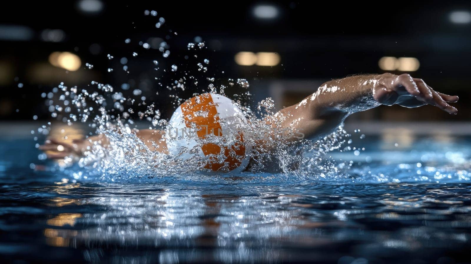 Close-up of a swimmer: male athlete, water motion, pool ripples, competitive sport, muscular strength, diving precision, freestyle movement, aquatic focus, swimming strokes, fitness passion