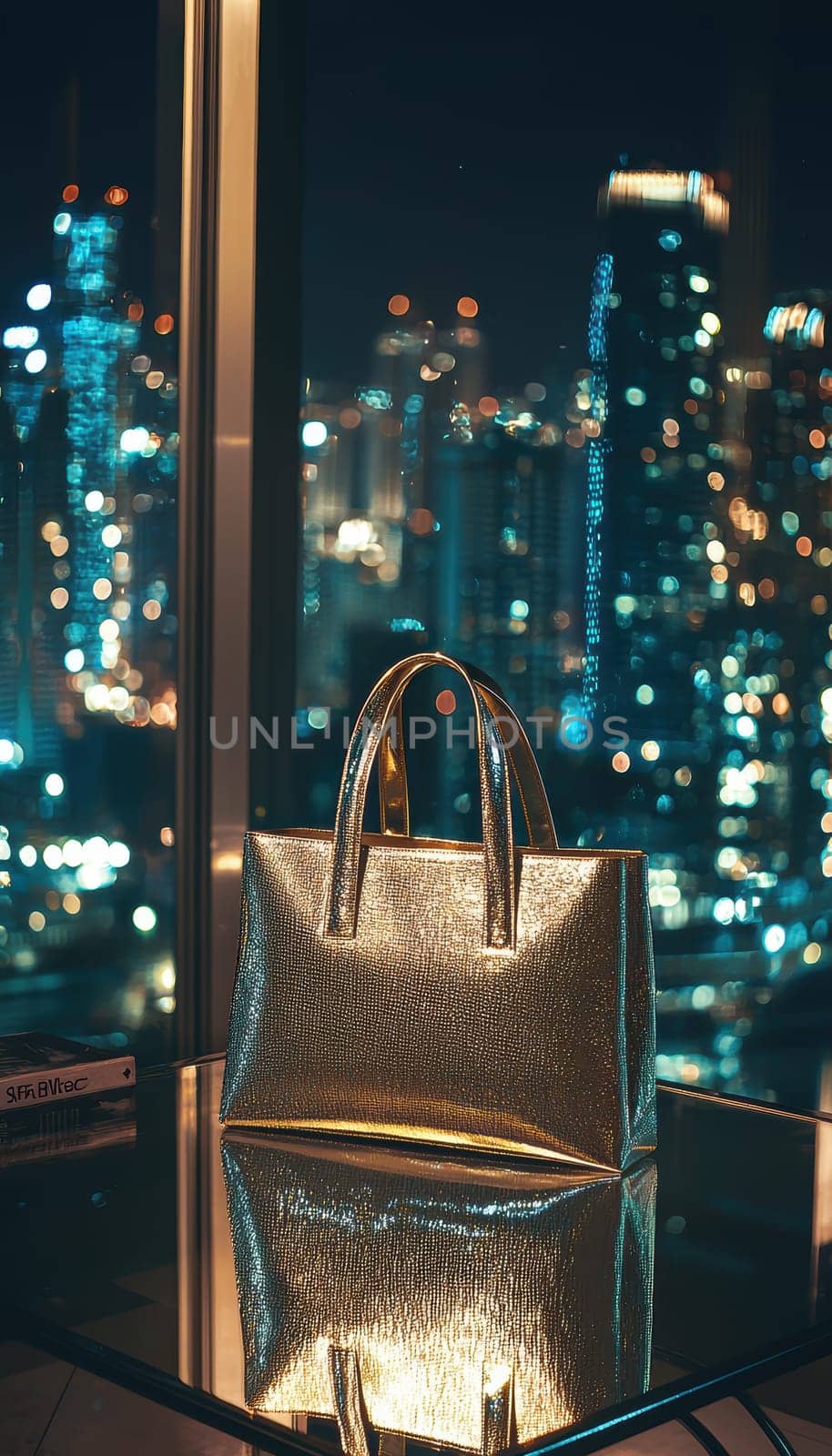 A luxurious metallic tote bag sits elegantly on a sleek glass table in a stylish penthouse apartment, with the vibrant city lights providing a stunning backdrop. the reflective surfaces create a sophisticated, urban ambiance.
