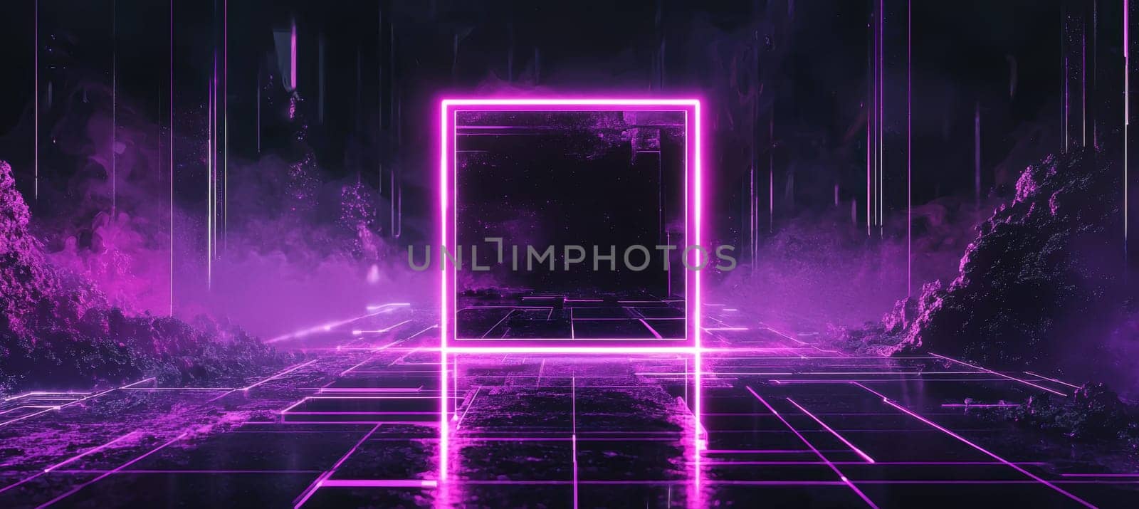 A visually striking digital artwork featuring a sleek neon purple color scheme with abstract glitch designs. the futuristic theme is highlighted by a rectangular frame and geometric patterns, perfect for modern design and technological concepts.