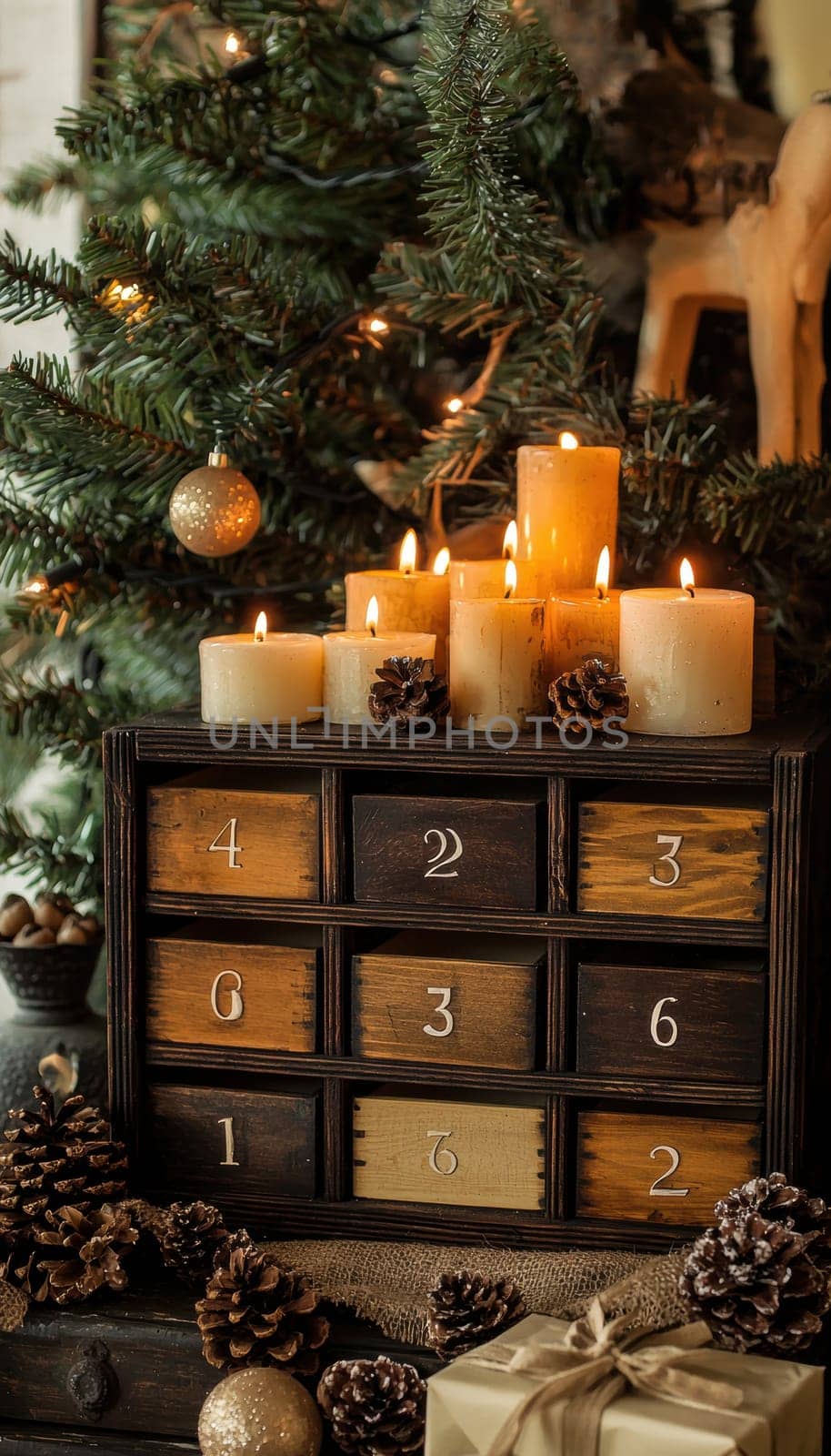 A rustic advent calendar crafted from repurposed wood features numbered drawers containing handmade candles and soaps. adorned with pinecones and burlap, it creates a cozy, festive atmosphere perfect for holiday decor.