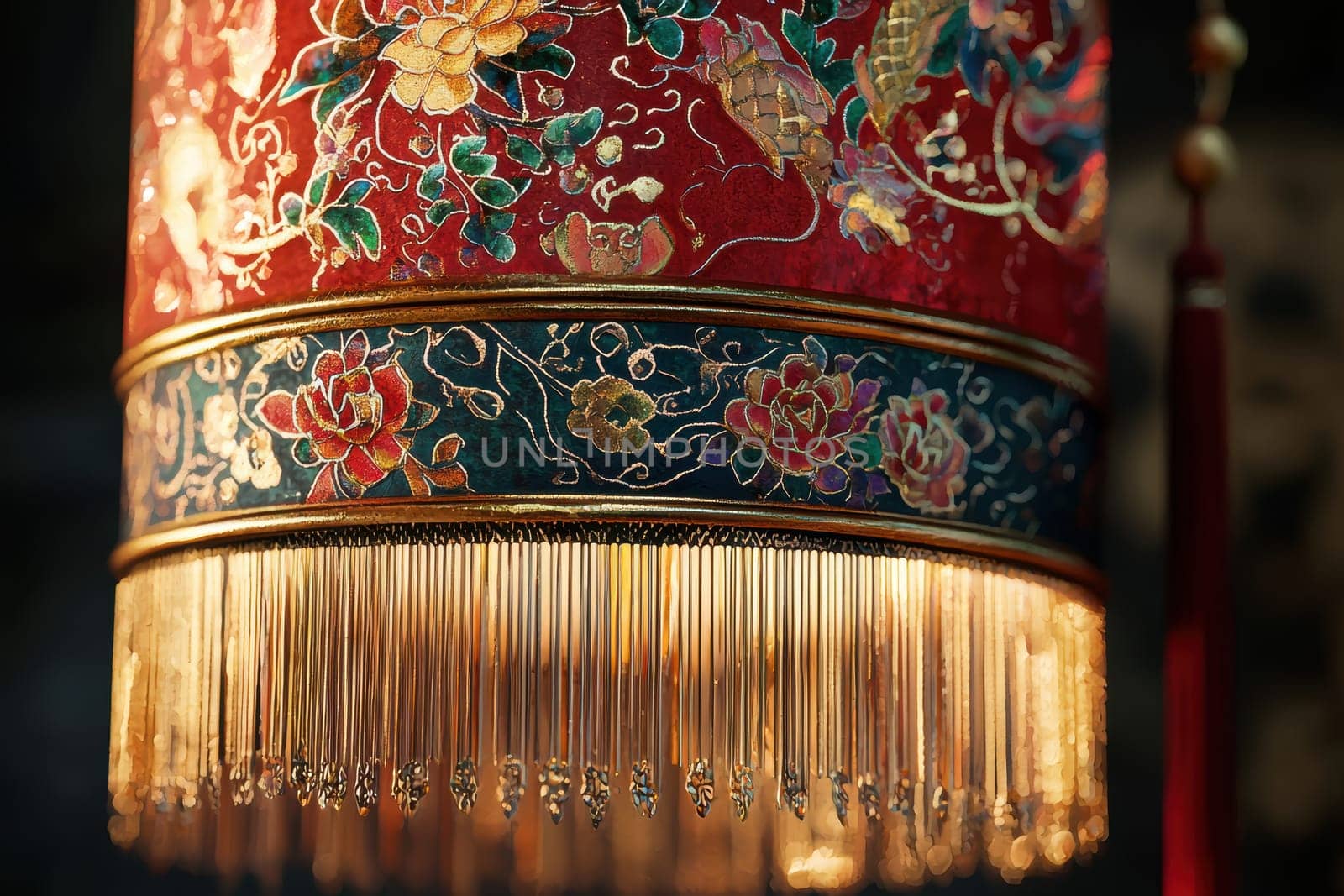 Detailed close-up of a decorative lunar new year lantern adorned with intricate red and gold patterns. featuring tassels and floral designs, the lantern glows softly in the evening light, adding elegance to any festive celebration.