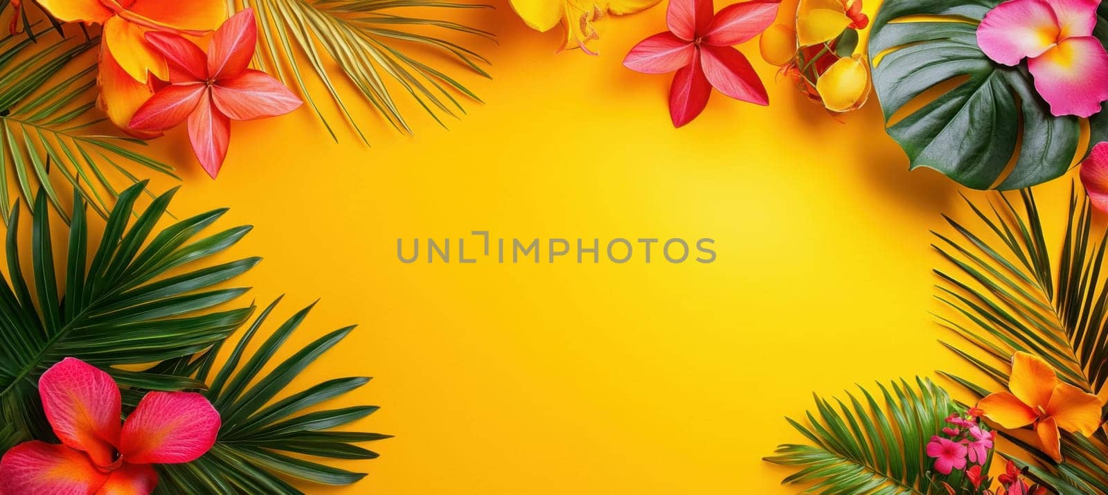 Vibrant greeting card template showcasing lush tropical leaves and bright flowers on a sunny yellow backdrop. the design features a clean, blank space in the center, ideal for adding a personal message. perfect for summer celebrations and greetings.
