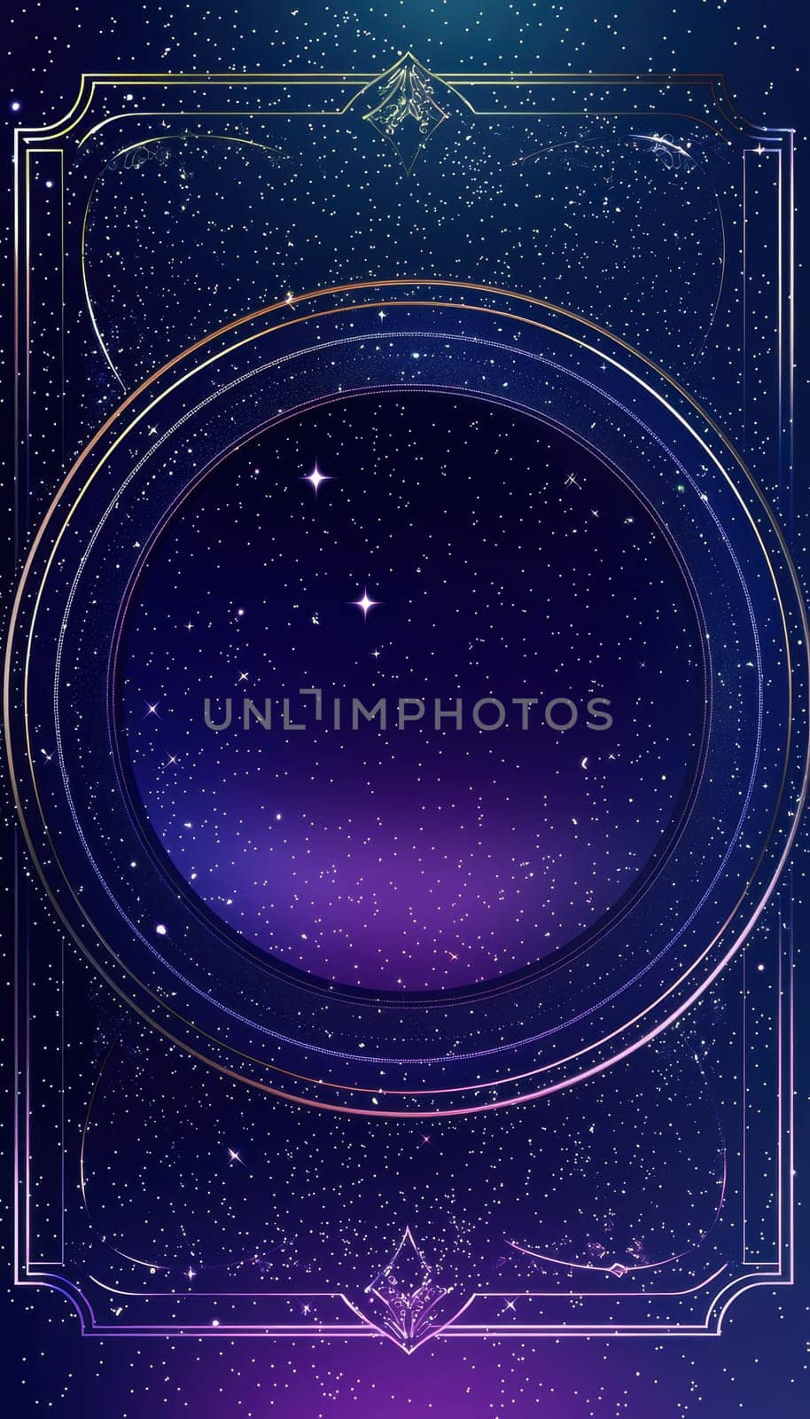 A magical greeting card template featuring deep blue and purple gradients with twinkling stars surrounding a blank center, ideal for personalized messages. perfect for evening events, this serene design wonder of the night sky.