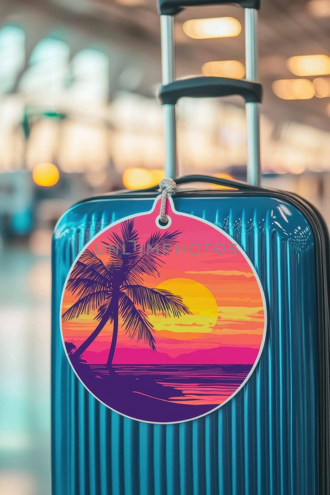 Glossy luggage tag featuring a vibrant circular sticker with a tropical sunset illustration. set against an airport background, this image evokes travel and vacation themes perfect for design use in print, card, or poster projects.