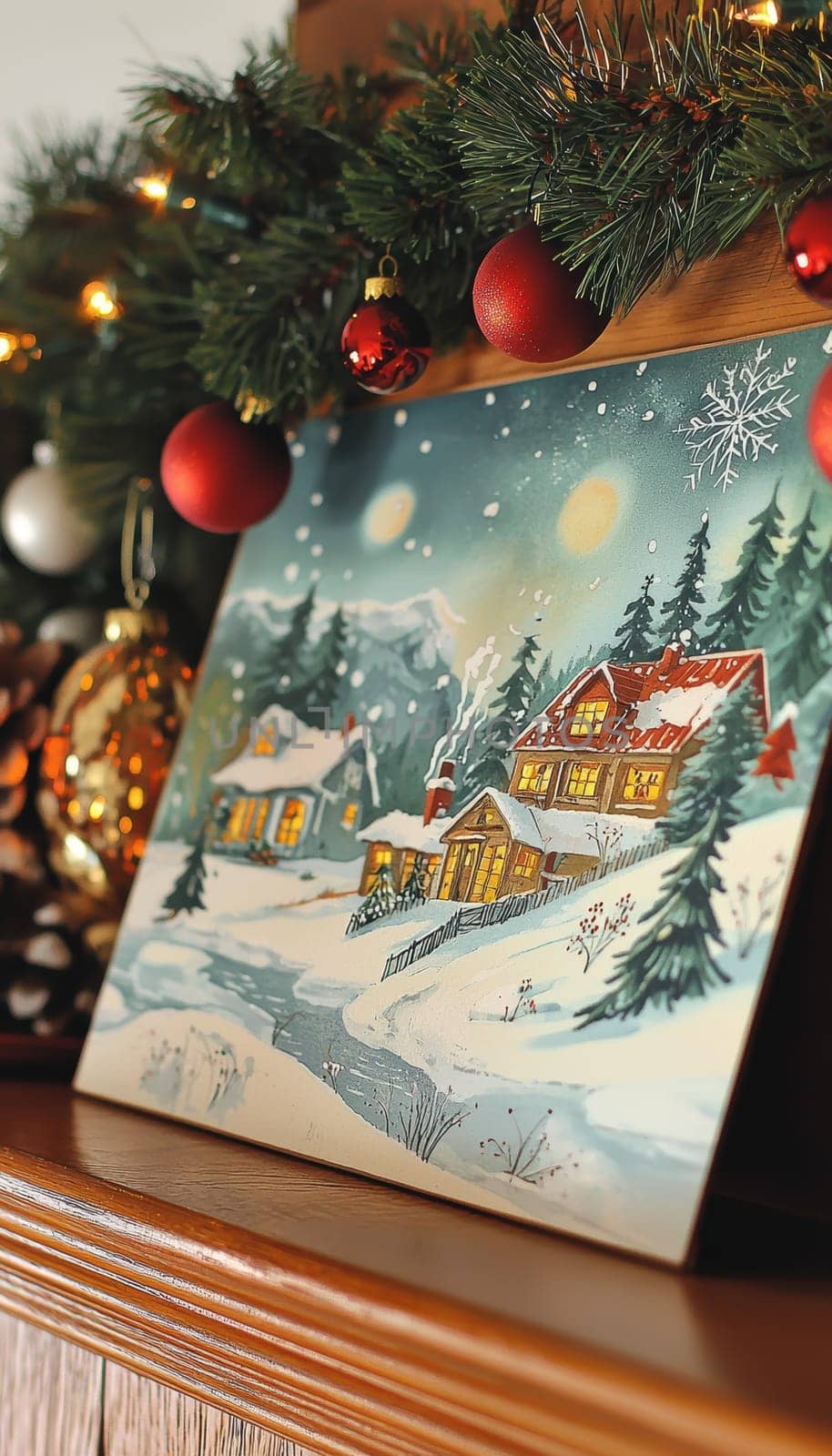 Vintage advent calendar showcasing snowy villages and festive scenes, accented with nostalgic holiday decorations. displayed on a wooden mantlepiece, the calendar evokes classic christmas warmth. perfect for holiday-themed design purposes.