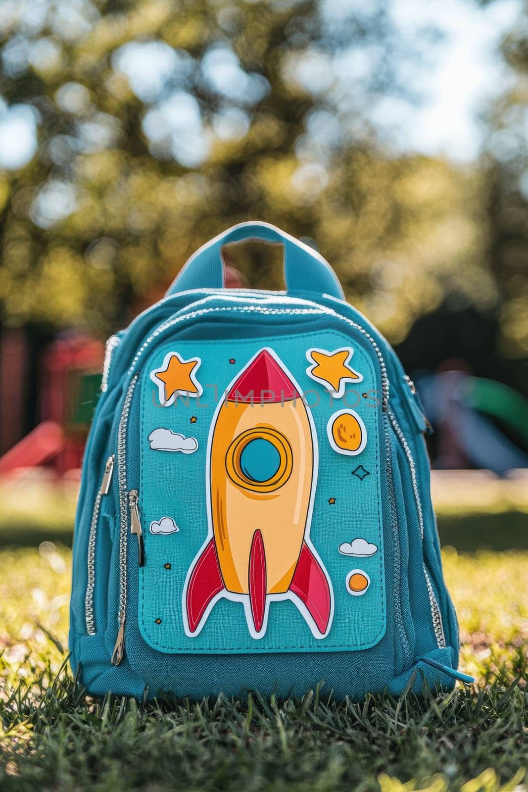 Vibrant rocket-themed die cut sticker adorns a child's backpack, placed stylishly in a lively schoolyard. perfect for illustrating youthful charm and creativity in educational and accessory design for children's back-to-school themes.